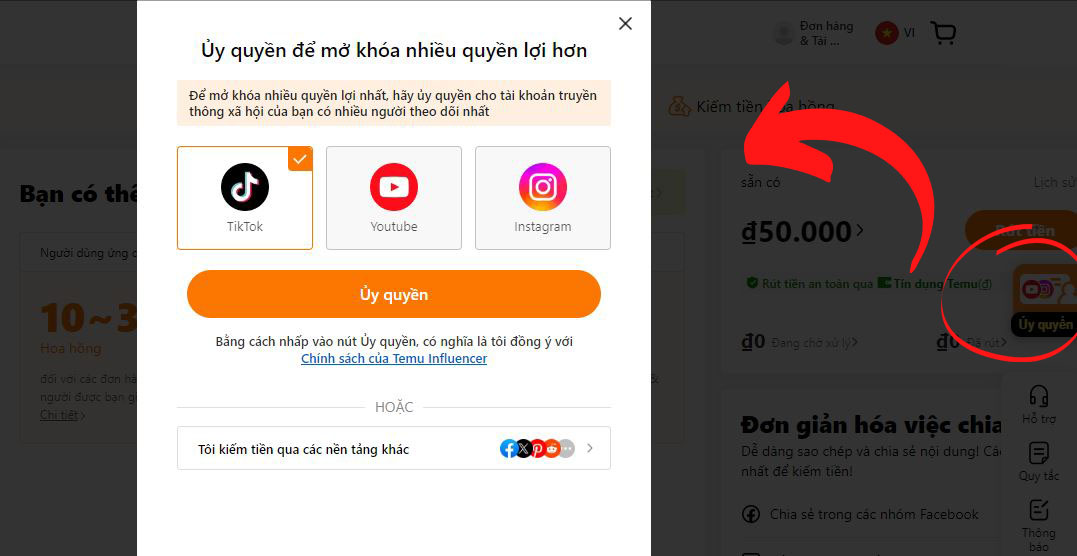 Liên kết tài khoản Temu với các trang mạng xã hội của bạn